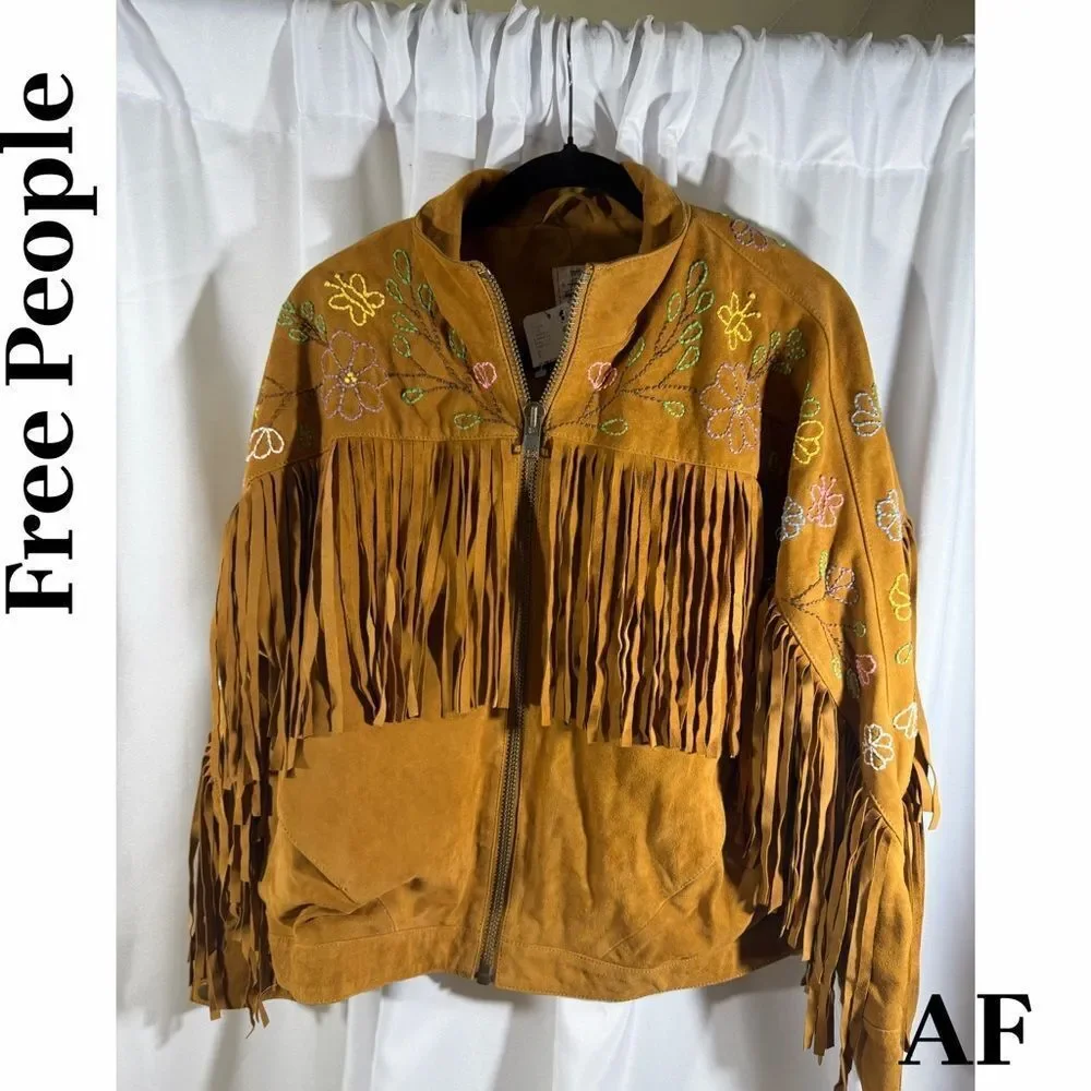 Free People Wila Western Suede Bomber Jacket in Whiskey Small NWT